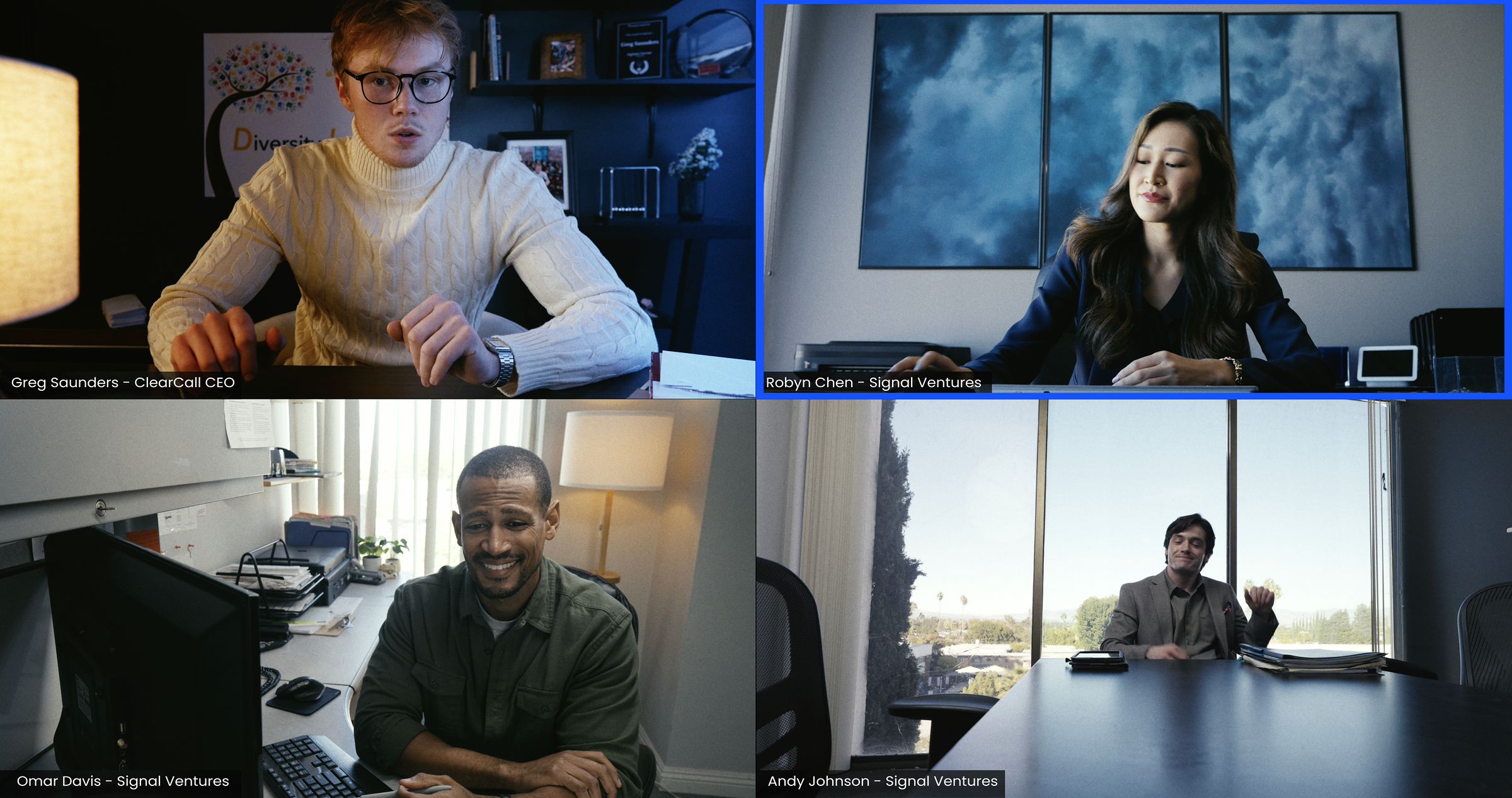 Still from ClearCall: a video call between four people